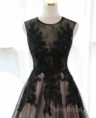 A-Line Tulle With Lace Round Neckline Floor Length Party Dresses Black Formal Prom Dresses Formal Dresses