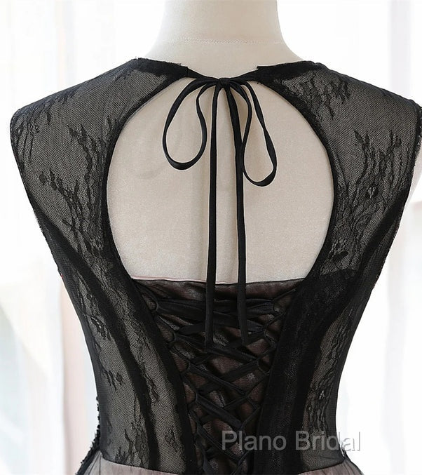 A-Line Tulle With Lace Round Neckline Floor Length Party Dresses Black Formal Prom Dresses Formal Dresses