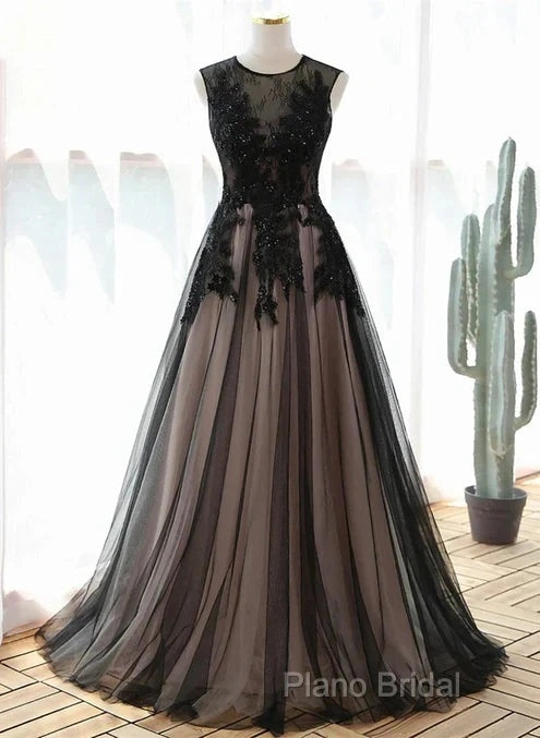 A-Line Tulle With Lace Round Neckline Floor Length Party Dresses Black Formal Prom Dresses Formal Dresses