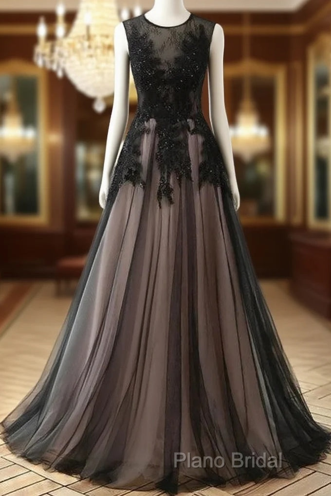 A-Line Tulle With Lace Round Neckline Floor Length Party Dresses Black Formal Prom Dresses Formal Dresses Main image