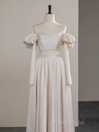 A-Line Two Pieces Satin Champagne Long Formal Prom Dresses, Champagne Formal Dresses