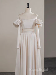 A-Line Two Pieces Satin Champagne Long Formal Prom Dresses, Champagne Formal Dresses