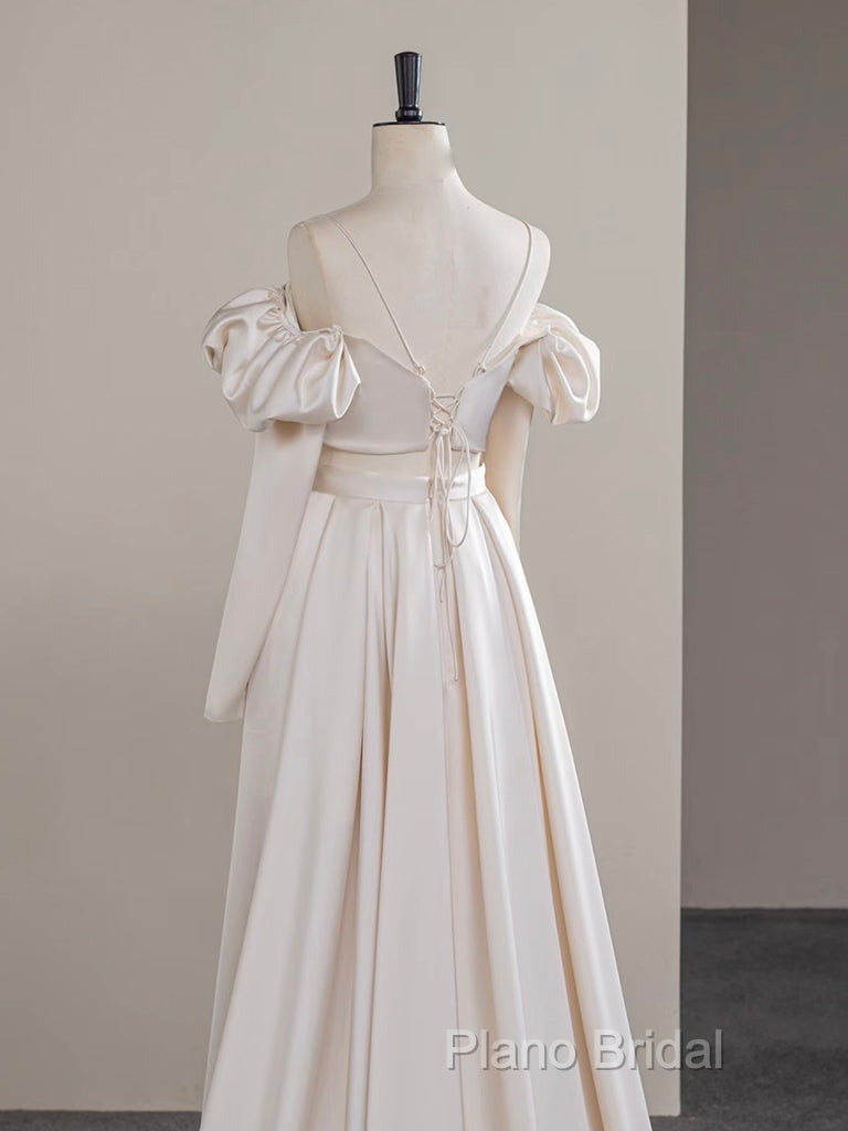 A-Line Two Pieces Satin Champagne Long Formal Prom Dresses, Champagne Formal Dresses