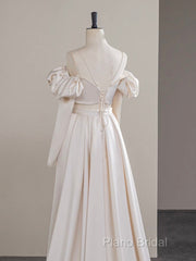 A-Line Two Pieces Satin Champagne Long Formal Prom Dresses, Champagne Formal Dresses