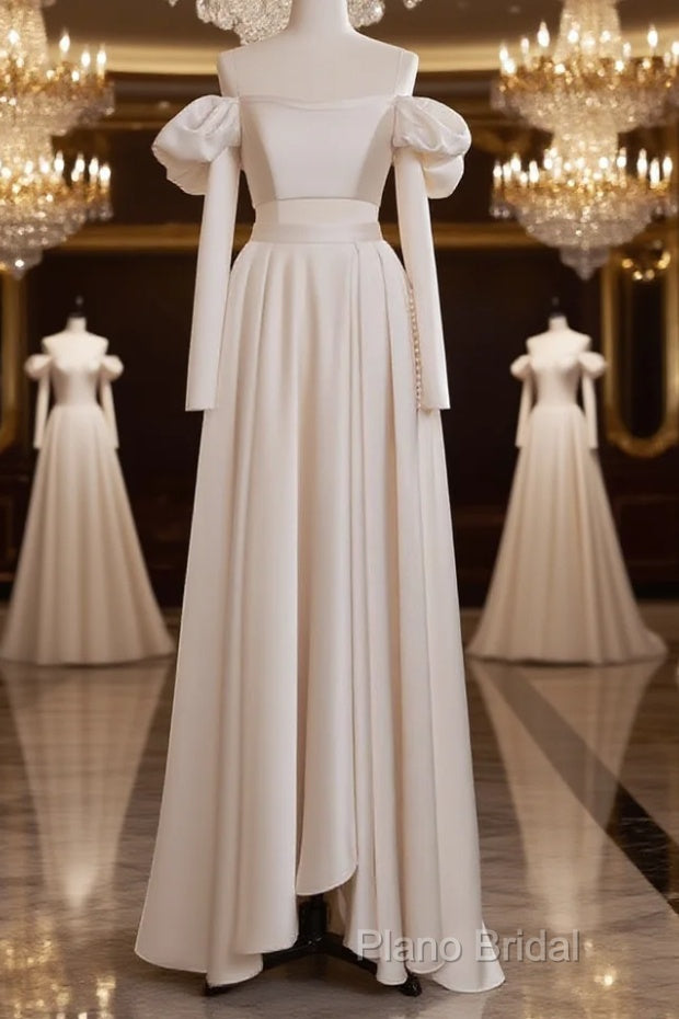 A-Line Two Pieces Satin Champagne Long Formal Prom Dresses, Champagne Formal Dresses Main image