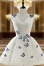 A-Line V-Neck Above-Knee Ivory Satin Organza Homecoming Dresses with butterfly Appliques