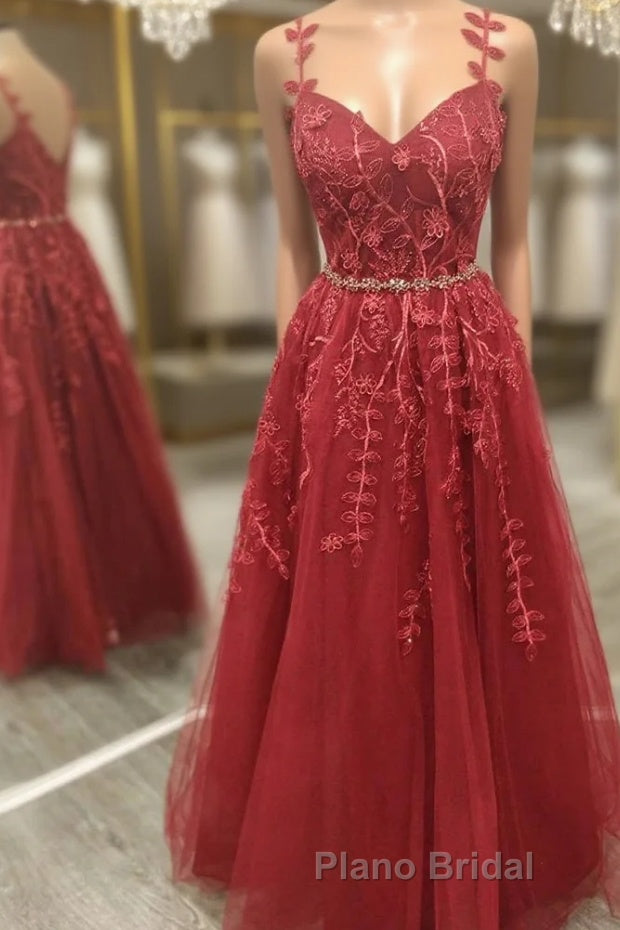 A Line V Neck and V Back Burgundy Lace Floral Long Formal Prom Dress, Burgundy Lace Formal Evening Dress