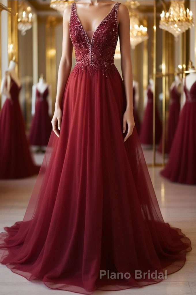 A Line V Neck and V Back Long Beading Lace Burgundy Formal Prom Dress, Lace Burgundy Formal Graduation Evening Dress Main image
