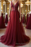 A Line V Neck and V Back Long Beading Lace Burgundy Formal Prom Dress, Lace Burgundy Formal Graduation Evening Dress
