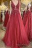 A Line V Neck and V Back Red Lace Floral Long Formal Prom Dress, Open Back 3D Flowers Red Lace Formal Evening Dress
