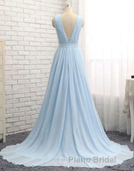 A Line V Neck and V Back Sky Blue Chiffon Long Formal Prom Dresses, V Neck Blue Formal Dresses, Blue Evening Dresses