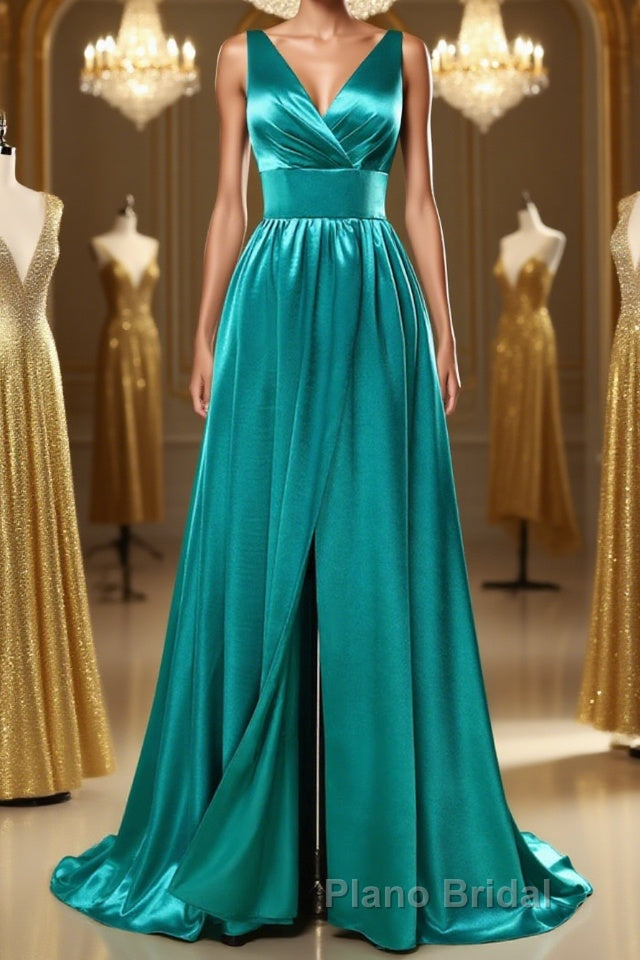 A Line V Neck and V Back Turquoise Long Formal Prom Dress with Slit, Turquoise Formal Graduation Evening Dress