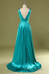 A Line V Neck and V Back Turquoise Long Formal Prom Dress with Slit, Turquoise Formal Graduation Evening Dress