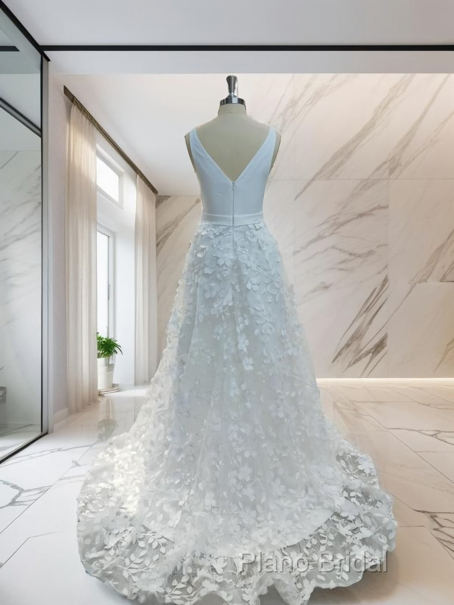 A-Line V-Neck Applique Sweep Train Stretch Crepe Wedding Dresses Secondary image