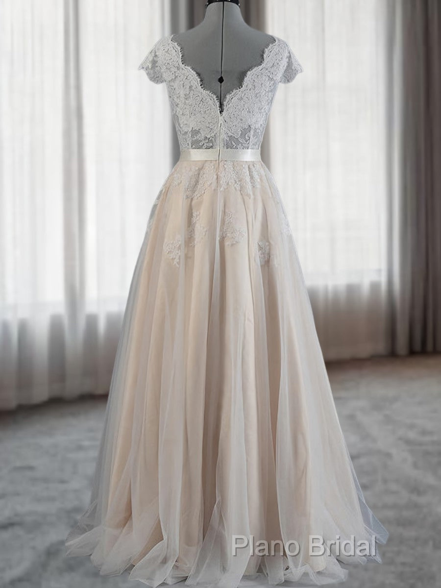 A-Line V-Neck Appliques Lace Floor-Length Lace Wedding Dresses