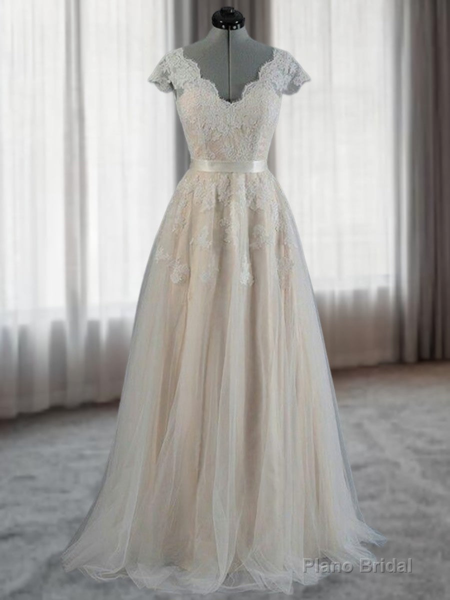A-line V-neck Appliques Lace Floor-Length Lace Wedding Dress Main image