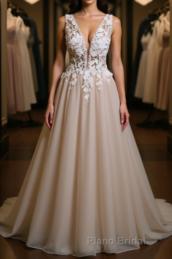 A Line V Neck Appliques Lace Formal Prom Dress, Lace Formal Graduation Evening Dress Main image