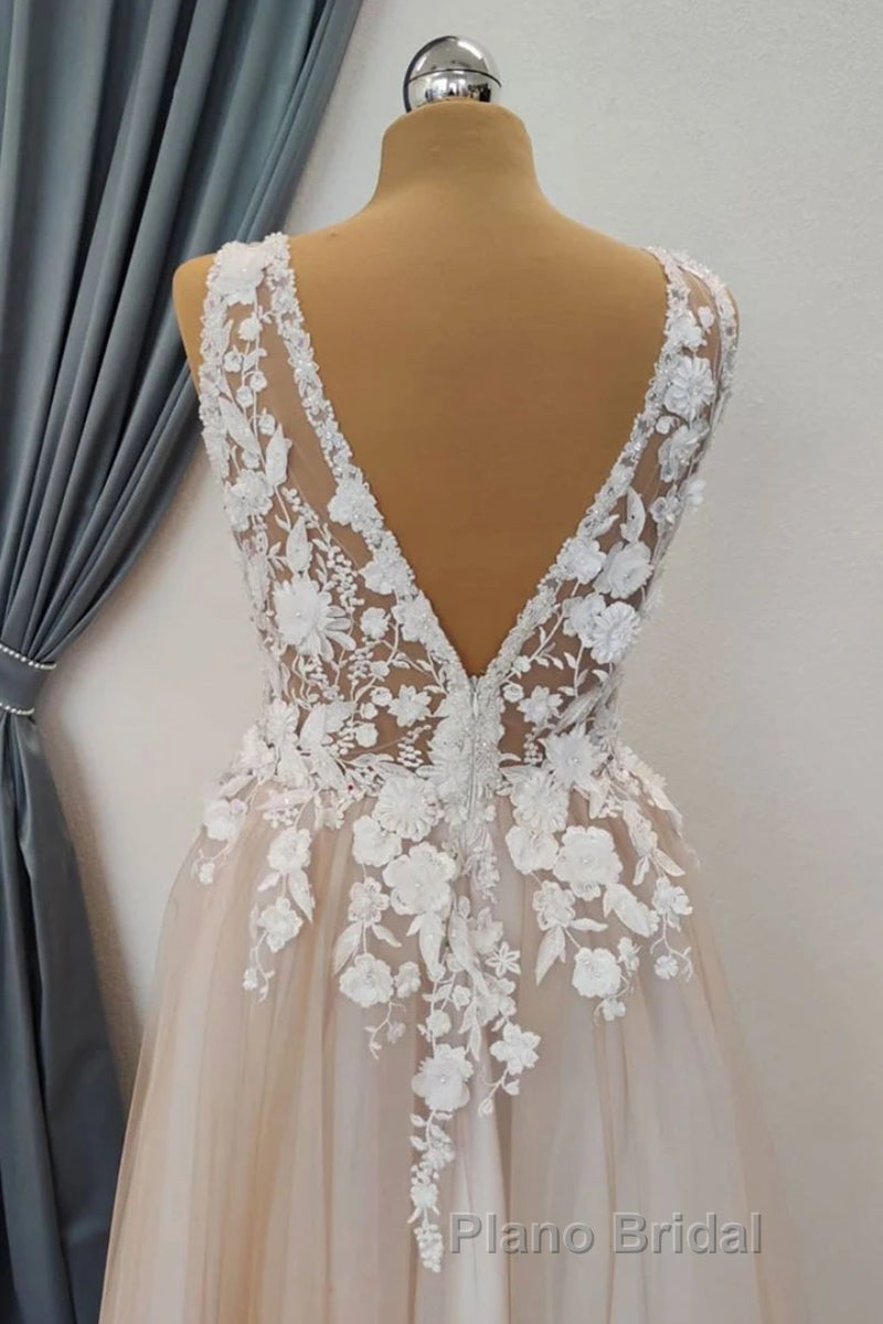 A Line V Neck Appliques Lace Formal Prom Dress, Lace Formal Graduation Evening Dress