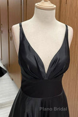 A Line V Neck Backless Black Long Formal Prom Dresses, V Neck Black Formal Dresses, Backless Black Evening Dresses
