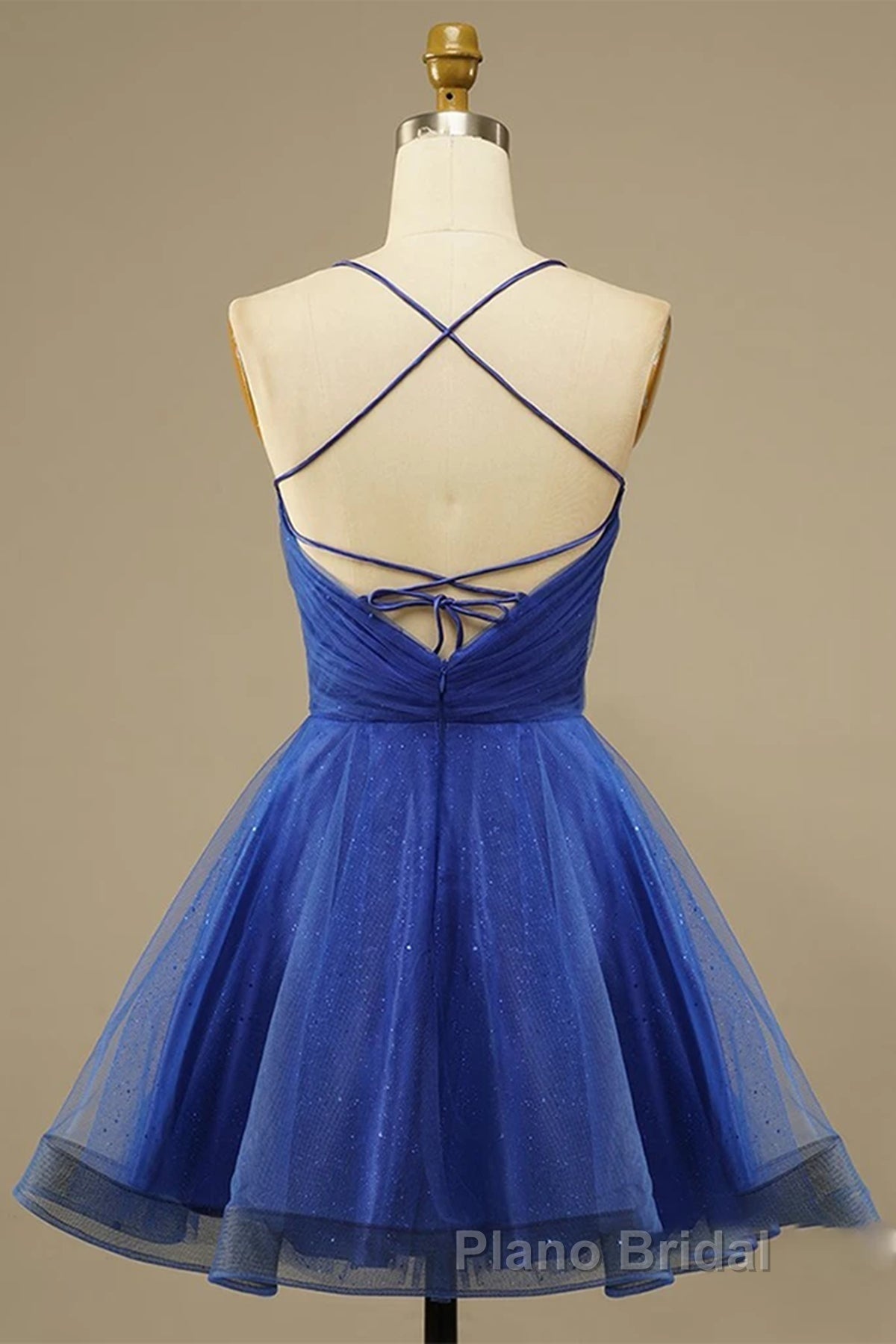 A Line V Neck Backless Blue Tulle Formal Prom Dress, Backless Blue Homecoming Dress, Short Blue Formal Evening Dress Secondary image