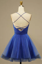 A Line V Neck Backless Blue Tulle Formal Prom Dress, Backless Blue Homecoming Dress, Short Blue Formal Evening Dress