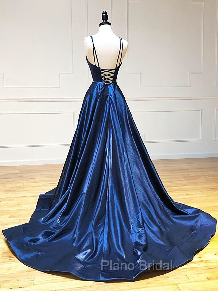 A Line V Neck Backless Dark Navy Blue Formal Prom Dresses, Open Back Navy Blue Formal Evening Dresses