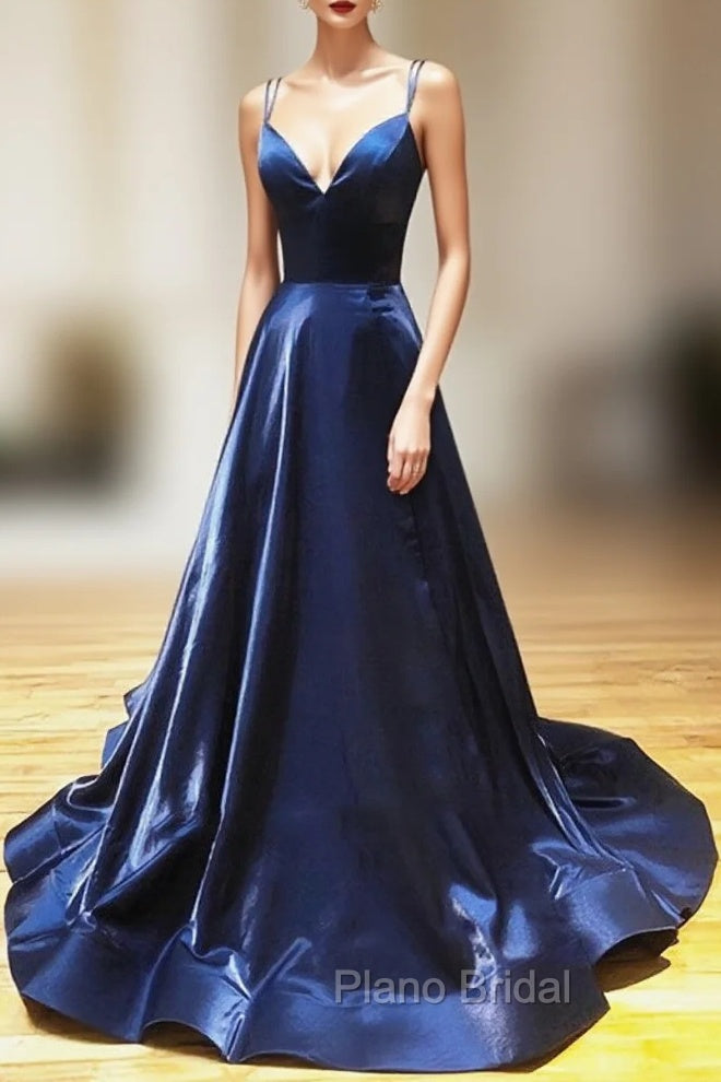 A Line V Neck Backless Dark Navy Blue Formal Prom Dresses, Open Back Navy Blue Formal Evening Dresses