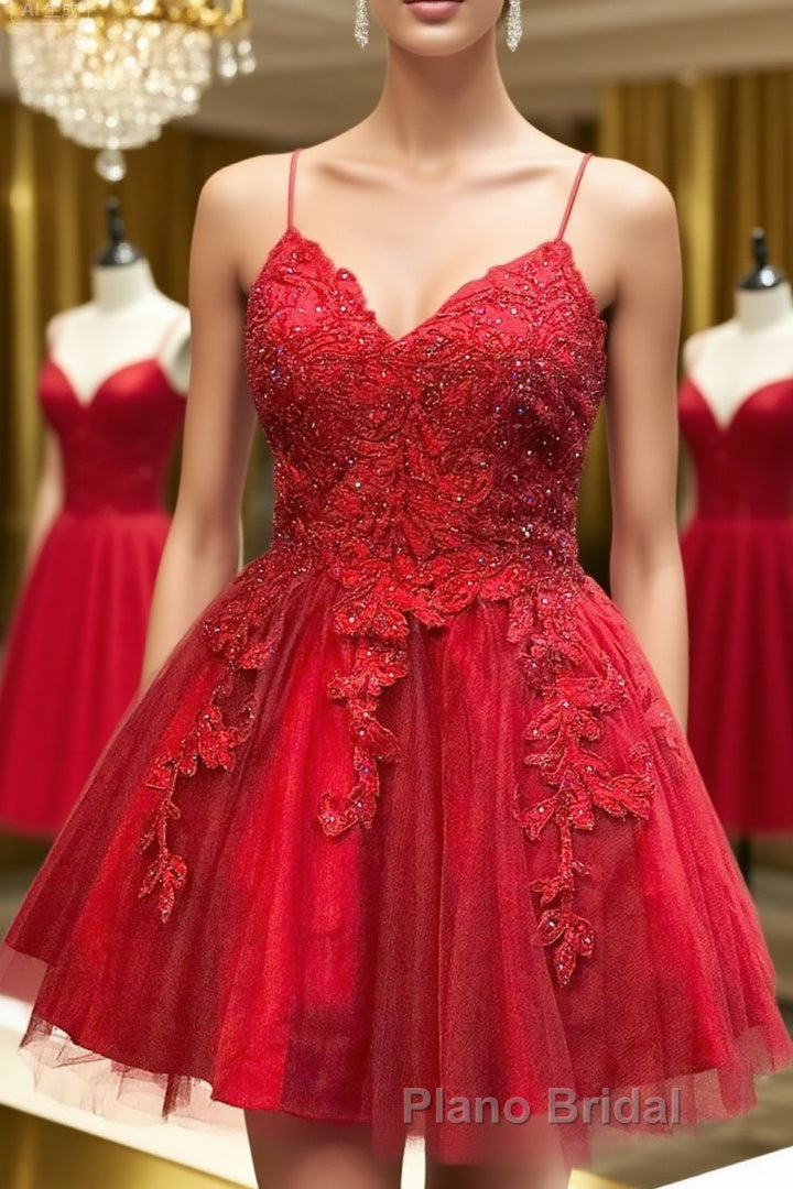 A Line V Neck Backless Lace Red Short Formal Prom Dress Homecoming Dress, Backless Red Lace Formal Graduation Evening Dress Main image