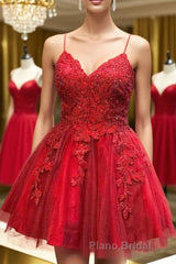 A Line V Neck Backless Lace Red Short Formal Prom Dress Homecoming Dress, Backless Red Lace Formal Graduation Evening Dress