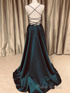 A Line V Neck Backless Long Formal Prom Dresses Simple Dark Green Formal Evening Gowns