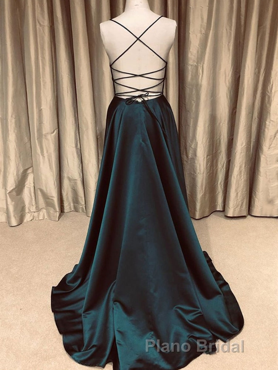 A Line V Neck Backless Long Formal Prom Dresses Simple Dark Green Formal Evening Gowns
