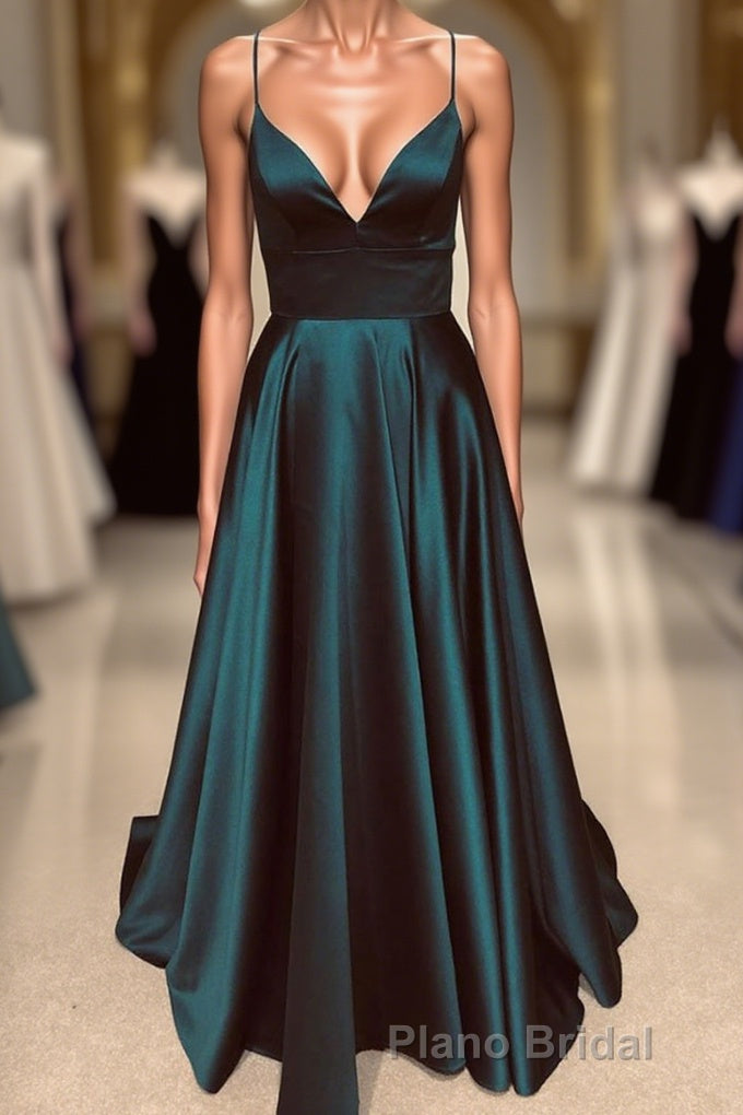 A Line V Neck Backless Long Formal Prom Dresses Simple Dark Green Formal Evening Gowns