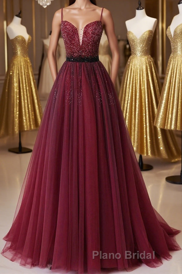 A Line V Neck Beaded Burgundy Tulle Long Formal Prom Dress, Beaded Burgundy Formal Graduation Evening Dress Main image