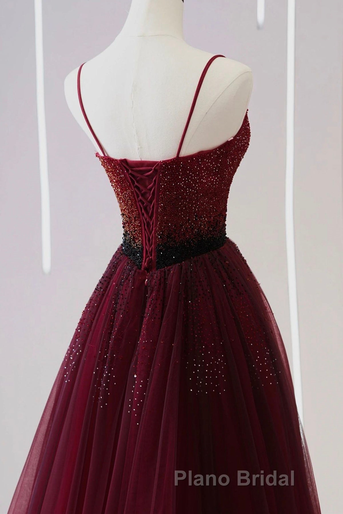 A Line V Neck Beaded Burgundy Tulle Long Formal Prom Dress, Beaded Burgundy Formal Graduation Evening Dress