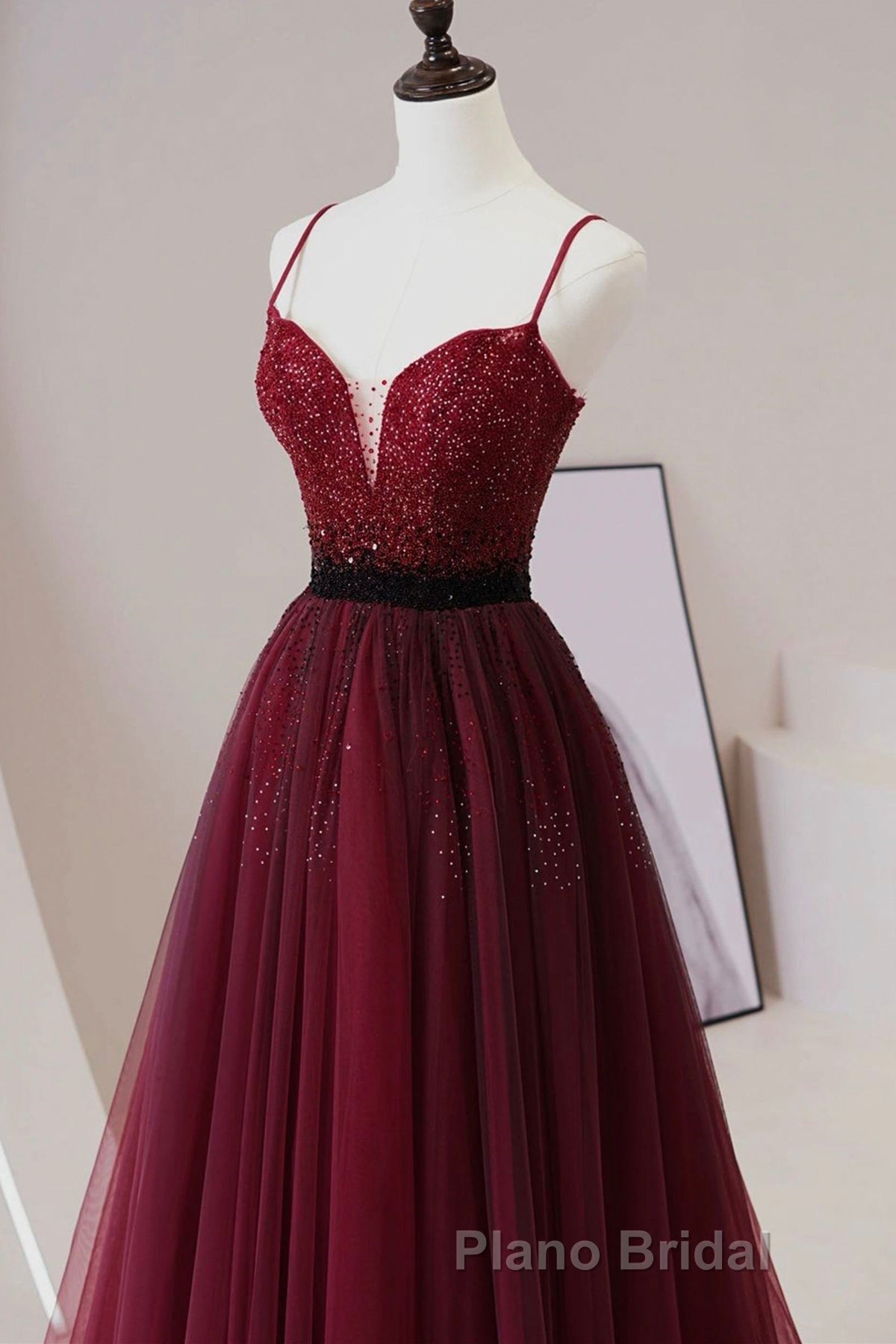 A Line V Neck Beaded Burgundy Tulle Long Formal Prom Dress, Beaded Burgundy Formal Graduation Evening Dress