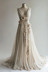 A-Line V-Neck Beaded Chiffon Long Formal Prom Dresses, Vintage Applique Wedding Dresses