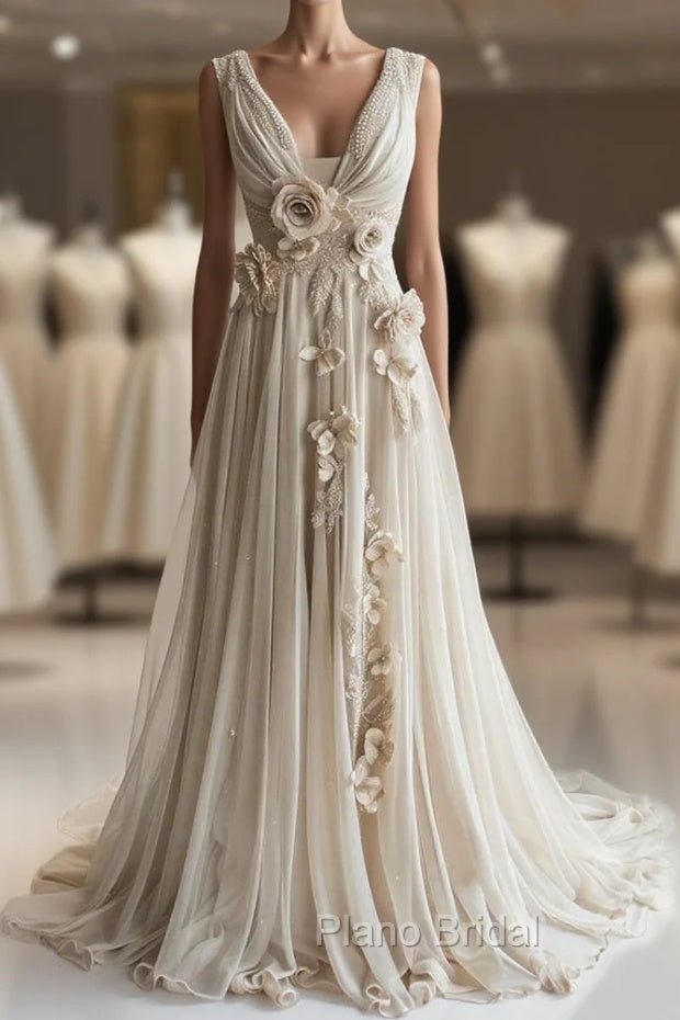 A-Line V-Neck Beaded Chiffon Long Formal Prom Dresses, Vintage Applique Wedding Dresses