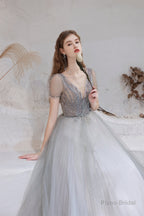 A Line V-Neck Beaded Floor Length Prom Dresses With Short Sleeves