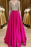 A Line V Neck Beaded Fuchsia Long Formal Prom Dress, V Neck Fuchsia Formal Dress, Beaded Fuchsia Evening Dress