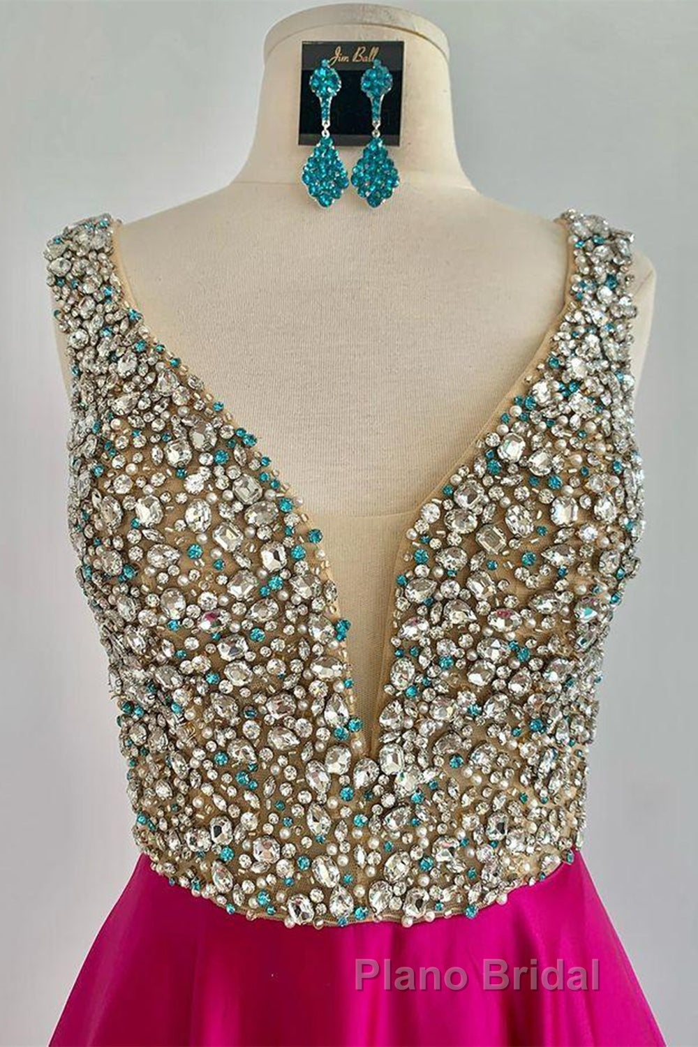 A Line V Neck Beaded Fuchsia Long Formal Prom Dress, V Neck Fuchsia Formal Dress, Beaded Fuchsia Evening Dress