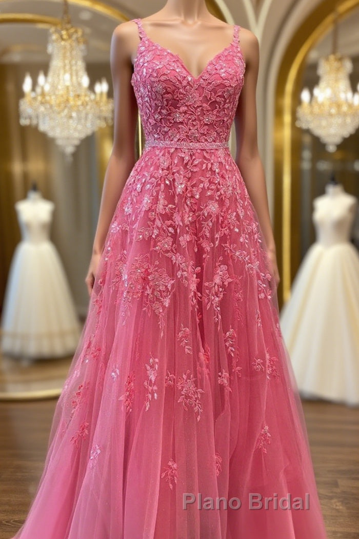 A Line V Neck Beaded Hot Pink Lace Long Formal Prom Dress, Hot Pink Lace Formal Graduation Evening Dress Main image