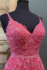 A Line V Neck Beaded Hot Pink Lace Long Formal Prom Dress, Hot Pink Lace Formal Graduation Evening Dress