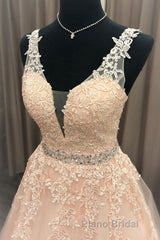 A Line V Neck Beaded Pink Lace Long Formal Prom Dress, V Neck Pink Lace Formal Dress, Pink Lace Evening Dress