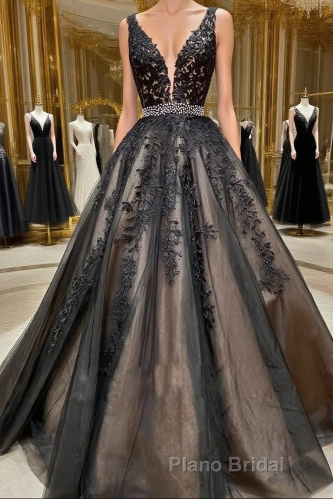 A Line V Neck Black Lace Formal Prom Dresses, Black Lace Formal Evening Dresses
