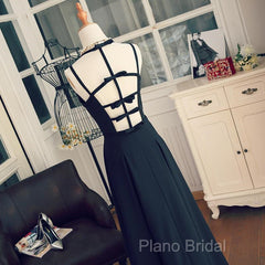 A Line V Neck Black Long Formal Prom Dresses With Corss Back, Black Long Formal Graduation Dresses