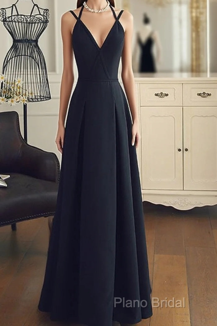 A Line V Neck Black Long Formal Prom Dresses With Corss Back, Black Long Formal Graduation Dresses Main image
