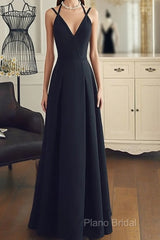 A Line V Neck Black Long Formal Prom Dresses With Corss Back, Black Long Formal Graduation Dresses