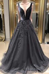 A Line V Neck Black Long Formal Prom Dresses with Lace Appliques, V Neck Black Lace Formal Evening Dresses