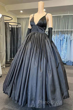 A Line V Neck Black Formal Prom Dresses With Pocket Long Satin Formal Graduation Dresses