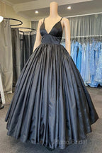 A Line V Neck Black Formal Prom Dresses With Pocket Long Satin Formal Graduation Dresses